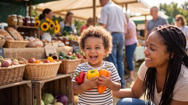 Fresh high-quality food fills a happy child's arms with colorful peppers at a lively farmer's market event