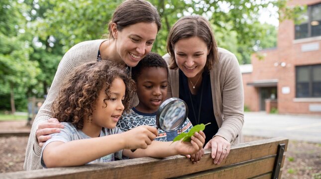 A teacher and two curious children study a leaf with a magnifying glass in the school garden for back to school science learning