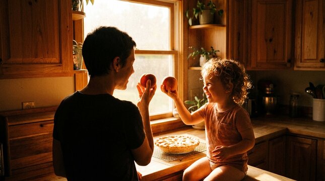 Parent and Toddler are Holding Fresh Peaches Up to Sunlit Kitchen Window �� Golden Summer Backlit Family Harvest Lifestyle Photography for Seasonal Campaign