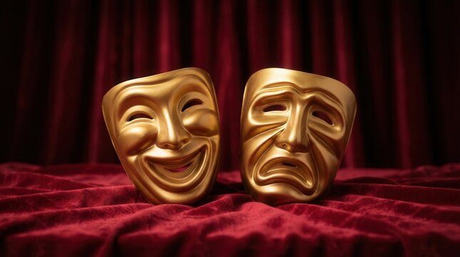 Comedy and tragedy gold masks representing acting show, art, and culture entertainment industry on red velvet.