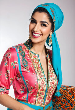 Smiling young indian woman in traditional moroccan caftan and turquoise headscarf, cultural fashion and beauty