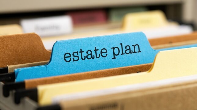 Office filing cabinet with blue file folder tab labeled estate plan to organize secure financial records for safe keeping.