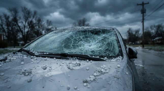 Ice pellets cover a car hood and windshield showing spider web cracks following a severe hail storm.
