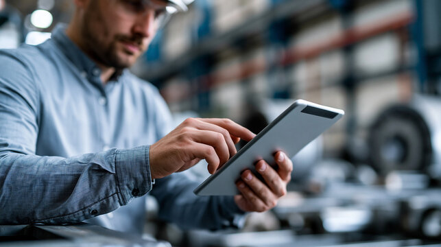 Faceless industrial engineer factory worker wearing a safety helmet using a tablet on the metal manufacturing floor, industrial engineer, factory worker, safety helmet, tablet
