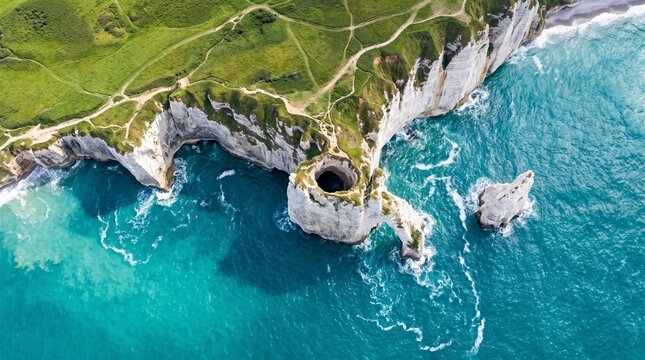 Dramatic Cliffs and Turquoise Sea: An aerial view reveals dramatic white cliffs plunging into the vibrant turquoise sea, with a natural archway carved by the ocean and lush green terrain on top.