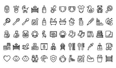 Create a professional Baby Products and Childcare Outline Icon Set containing exactly 60 unique thin line vector icons. Use a modern minimal outline design with editable stroke, 2 px consistent line w © Tajmira
