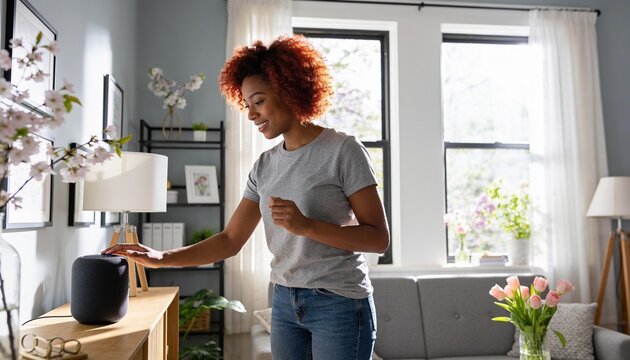 Reaching woman wearing gray tee and jeans touching round smart speaker on sideboard in living room