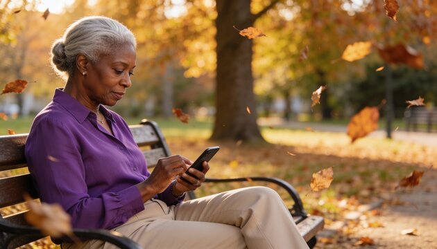 Sitting senior woman in purple blouse tapping smartphone on wooden park bench amid falling leaves