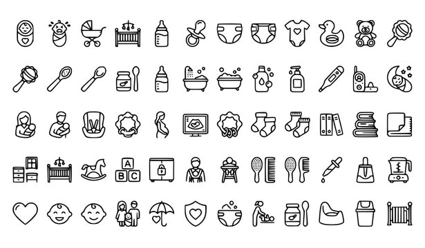 Create a professional Baby Products and Childcare Outline Icon Set containing exactly 60 unique thin line vector icons. Use a modern minimal outline design with editable stroke, 2 px consistent line w
