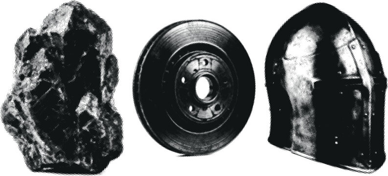 Halfone pattern on rough rock vinyl record and medieval helmet against white