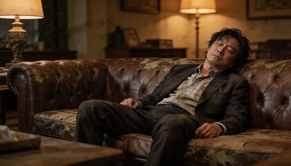Obraz premium Reclining man in rumpled suit dozing on living room Chesterfield sofa, with lamp and books