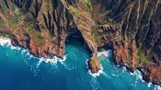 Dramatic Coastal Cliffs: Breathtaking aerial view of rugged, verdant cliffs meeting the turquoise ocean, with waves crashing against the shore, showcasing nature's raw power and beauty.