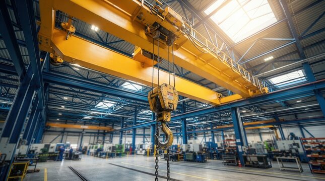 Industrial machinery designed for heavy lifting operations, featuring a yellow overhead crane assembly in a manufacturing workshop.