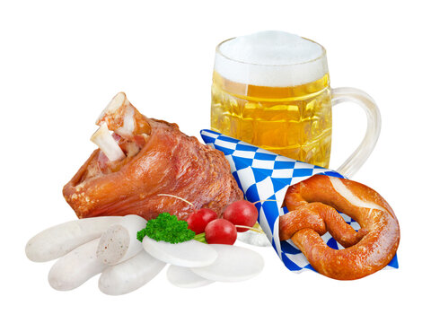 Bier, Schweinshaxe, Wei&szlig;wurst und Bretzel mit Rettich  Hintergrund transparent PNG cut out