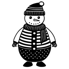 Cute Christmas snowman black and white silhouette, isolated on white background. 