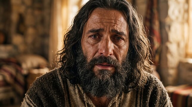 Close-up portrait of the prophet Hosea with a sorrowful expression and tears in his eyes. Sad Middle Eastern man wearing a striped woven garment in a rustic stone interior