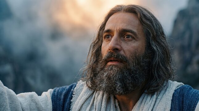 Prophet Ezekiel in a spiritual vision. Biblical portrait of a man looking up in awe. Valley of dry bones narrative concept