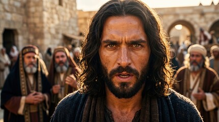 Fototapeta premium Intense portrait of Jesus Christ confronting Pharisees. Serious biblical man with beard looking directly at camera in ancient city setting