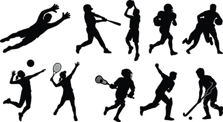 Set of black silhouettes of athletes playing various popular team and individual sports games © Obaydur