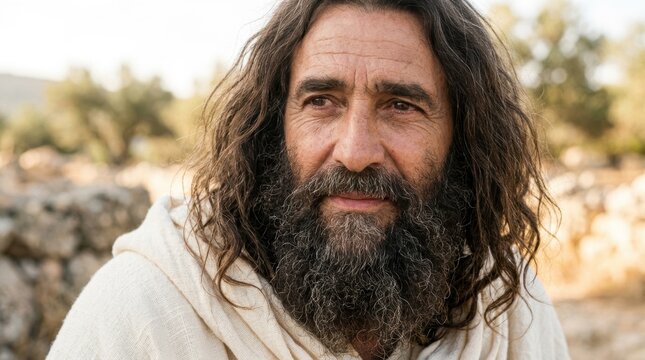 Close up portrait of the biblical prophet Hosea. Older Middle Eastern man with graying beard and thoughtful expression in ancient outdoor setting