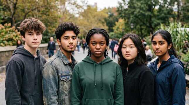 Diverse group of teenagers standing outdoors in a city park for fall portrait collective expression