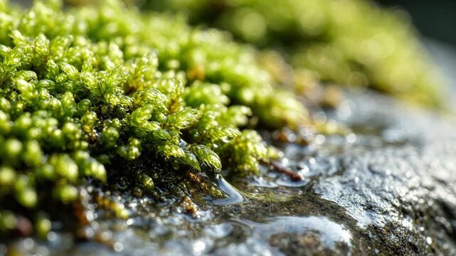 Lush green moss covered in fresh water droplets.