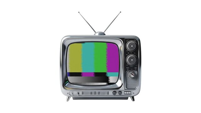 Retro vintage television set displaying color bars test pattern signal isolated on white background