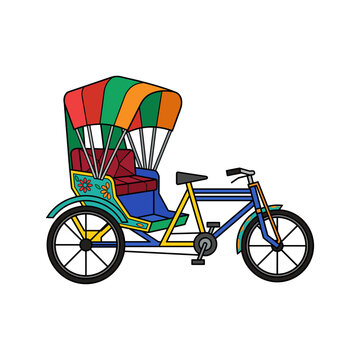 Colorful bicycle rickshaw, traditional passenger vehicle with red and green canopy, isolated on white.