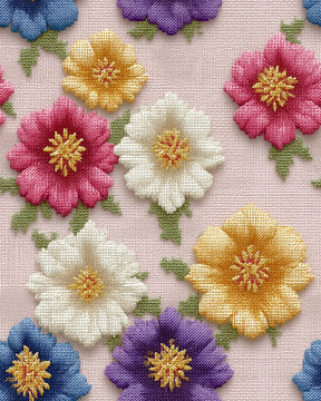 Traditional floral cross-stitch pattern featuring symmetrical frangipani blossoms