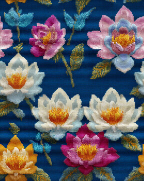 Traditional floral cross-stitch pattern featuring symmetrical frangipani blossoms