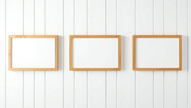 Three empty golden picture frames on white wall. Minimalist art display for modern interior decor mockup.