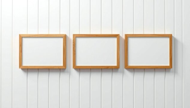 Empty picture frames on white wall for gallery display. Minimalist blank photo holders ready for custom artwork or digital mockups.
