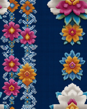 Traditional floral cross-stitch pattern featuring symmetrical frangipani blossoms