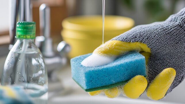 Person wearing a protective glove cleaning a kitchen surface with a blue sponge