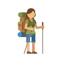 Fototapeta premium Flat design hiker woman with backpack and trekking poles