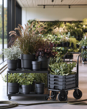 Autumn range being restocked on display tables in a plant shop