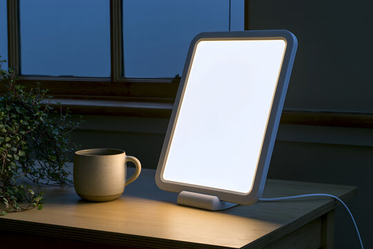 Light therapy lamp glowing on a desk before a dark winter sunrise