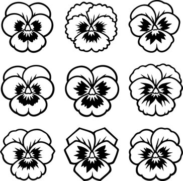 Nine black and white pansy flower illustrations with varied petal shapes