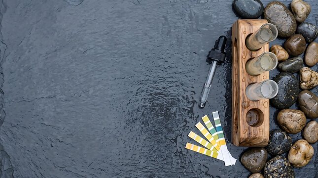 Water quality test kit with pH strips and test tubes on wet stone