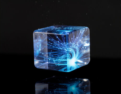 transparent crystalline artificial intelligence processor featuring glowing blue neural pathways and futuristic optical computing architecture on a dark background