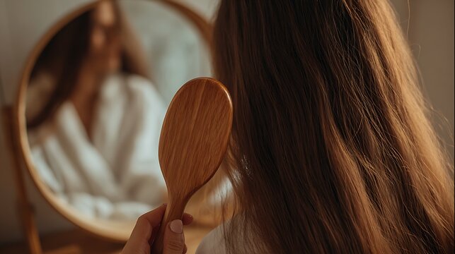 Young woman looking at her reflection in a large round mirror in a room