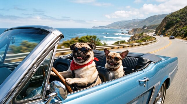 Two pugs enjoying a scenic drive in a retro convertible along a coastal highway for a whimsical travel poster