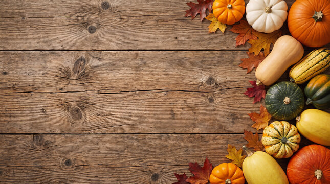 Thanksgiving Autumn Harvest Day pumpkins gourds and colorful fall leaves arranged as a right border on rustic wood table background with copy space for seasonal harvest banner