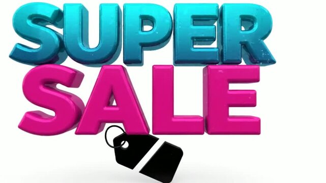 Super sale 3 d typography animation with sparkling light effects and price tag for retail marketing and e-commerce promotional campaigns