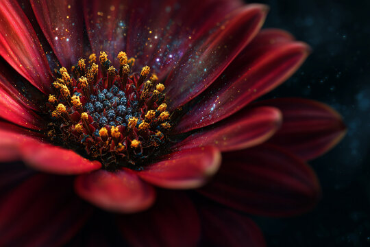 floral closeup of red flower with golden stamens, black red petals, cosmic glitter, macro, photorealistic