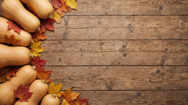 Thanksgiving Autumn Harvest Day butternut squash and colorful fall leaves arranged as a left border on rustic wood table background with copy space for seasonal harvest banner