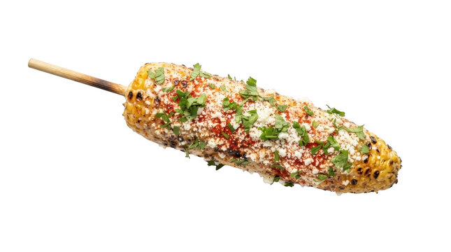 Grilled mexican street corn elote on a wooden skewer isolated on transparent background