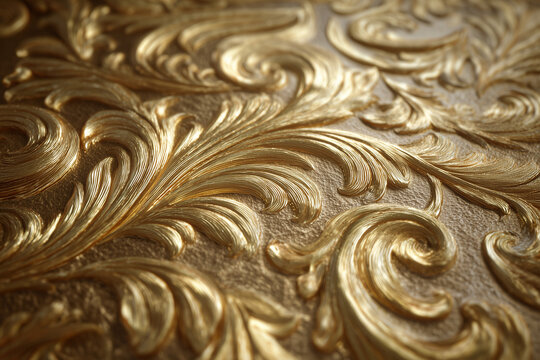 floral embossed acanthus ornament made of shiny gold, ornate botanical relief, photorealistic