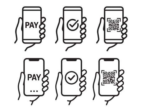 Set of mobile payment icons showing hands holding smartphones with pay buttons checkmarks and qr codes