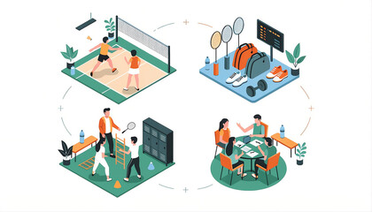 Fototapeta premium Isometric sports and fitness vector illustration. People playing active games and training.